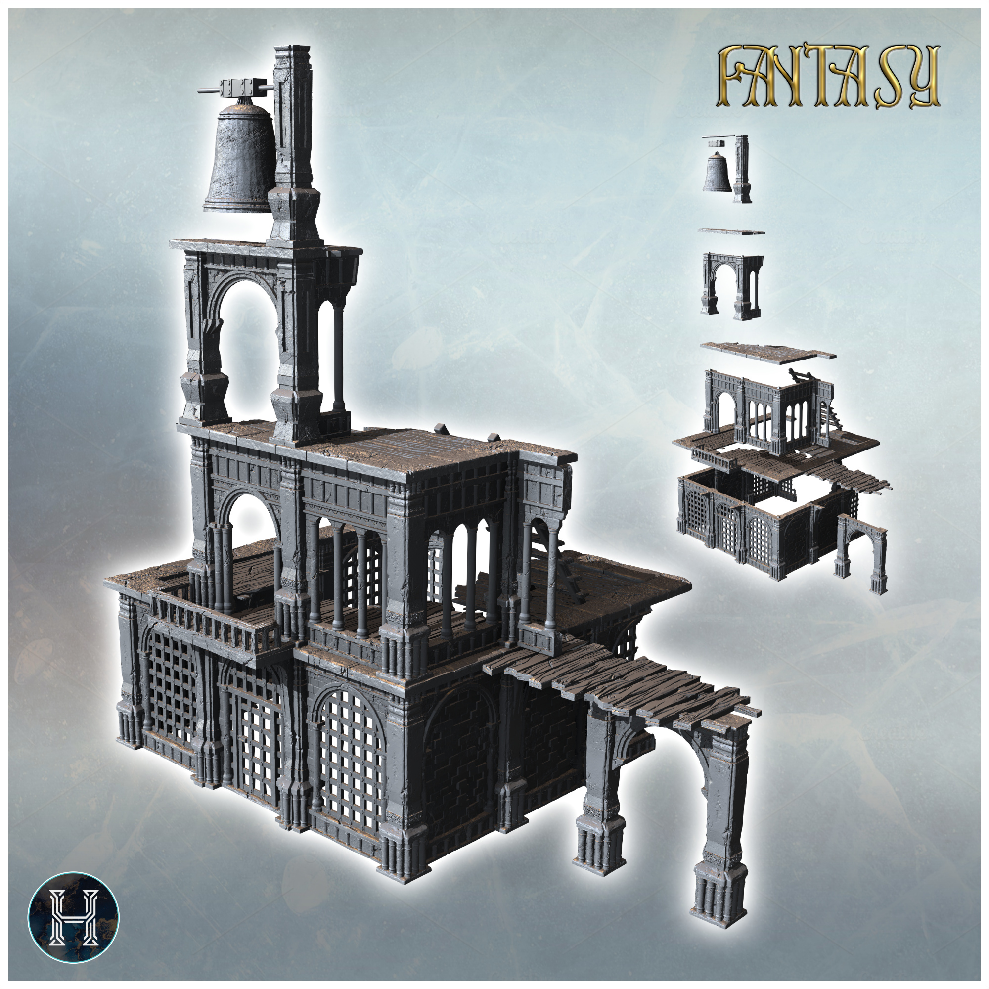 Ancient bell tower with detailed gothic architecture and worn textures (11) - Medieval Gothic Feudal Old Archaic Saga 28mm 15mm RPG